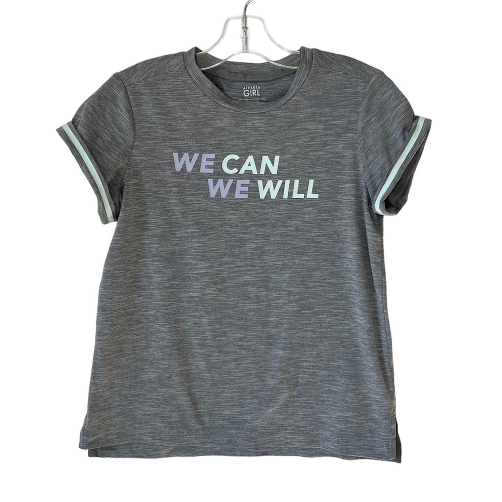 Athleta Girl Short Sleeve Rolled Cuff We Can We Will Gray T Shirt Size 7